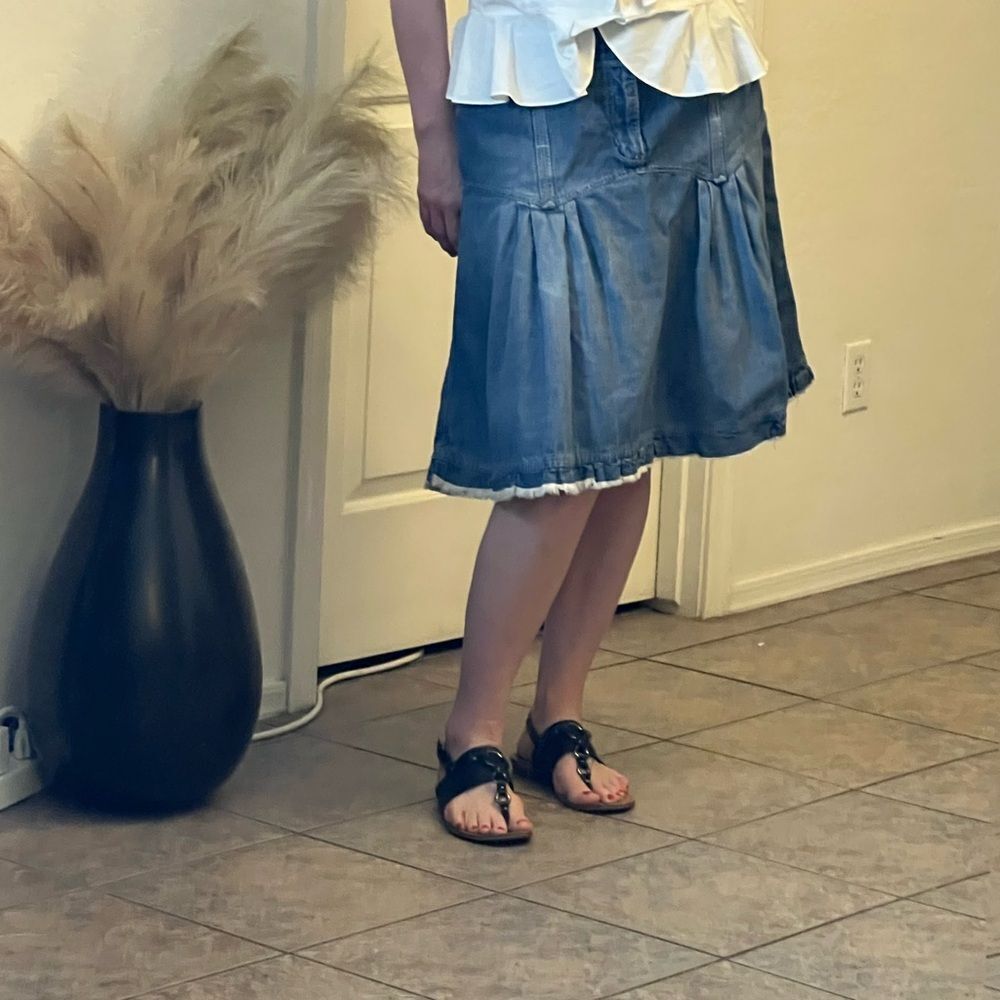 Vtg Y2K Jeanstar Pleated Fit Flare Denim Jean Raw Hem Skirt Low Rise 34” 14 XL